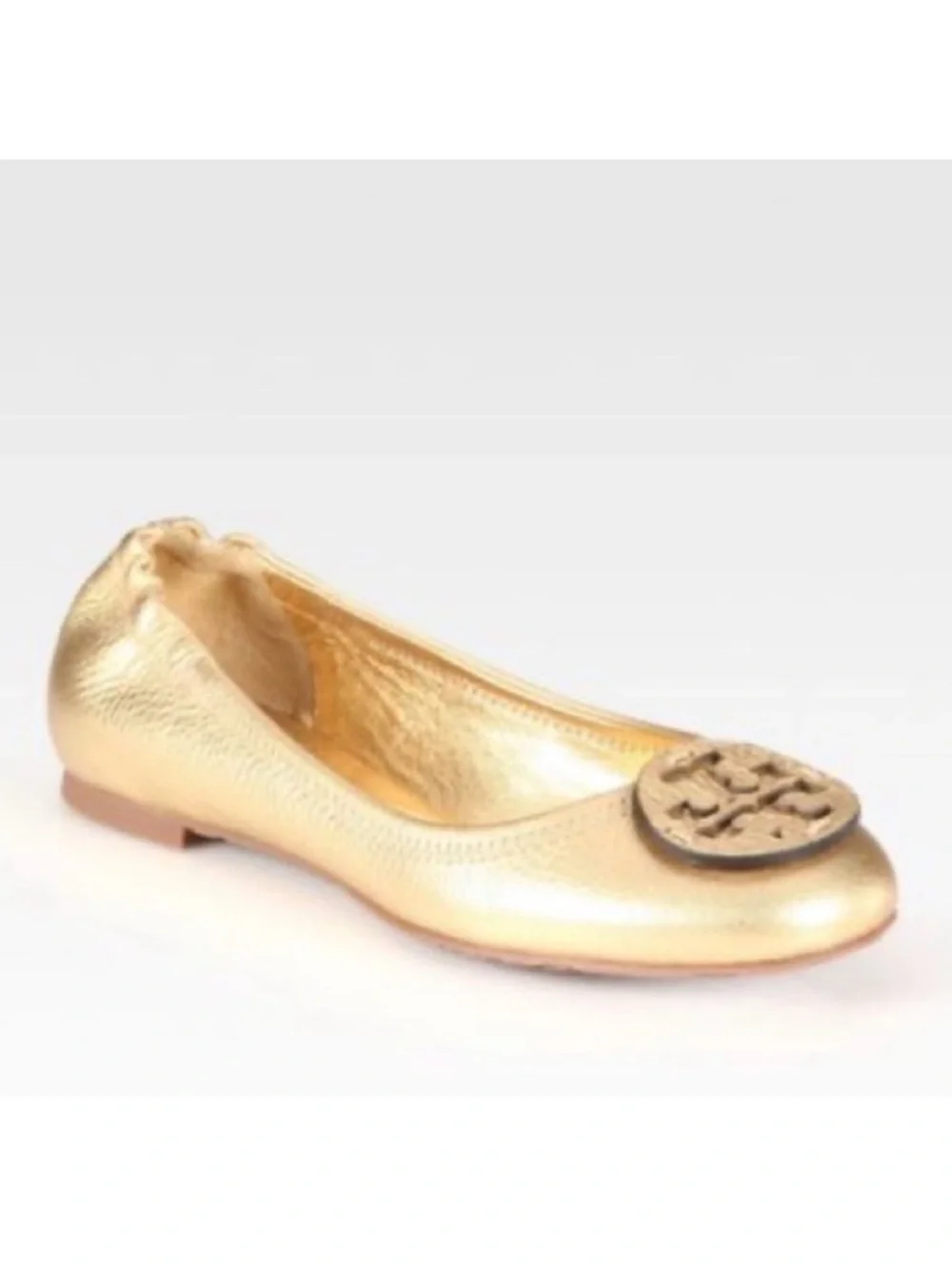Tory Burch Reva Gold Metallic Ballet Flats Grained Leather Logo Size 7 Y2K